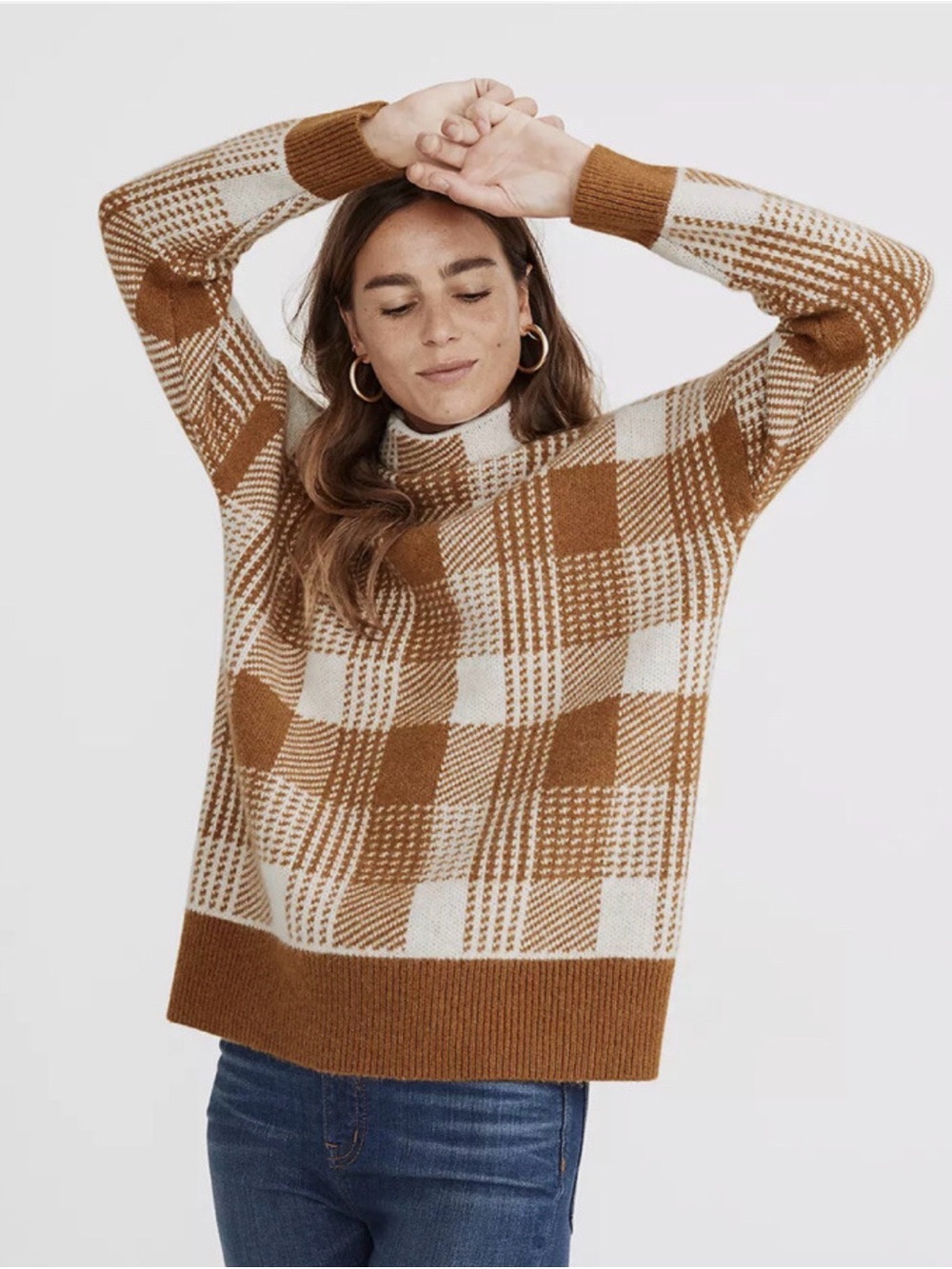 Madewell Plaid Alpaca Merino Wool Mock Neck Sweater Brown Cream S, Fall Vibes 🍁